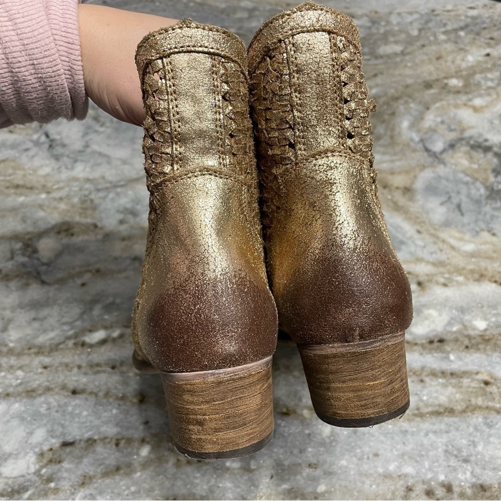 Seychelles, Flip a Coin Gold Suede Cowboy Bootie Distressed Leather - Picture 8 of 11